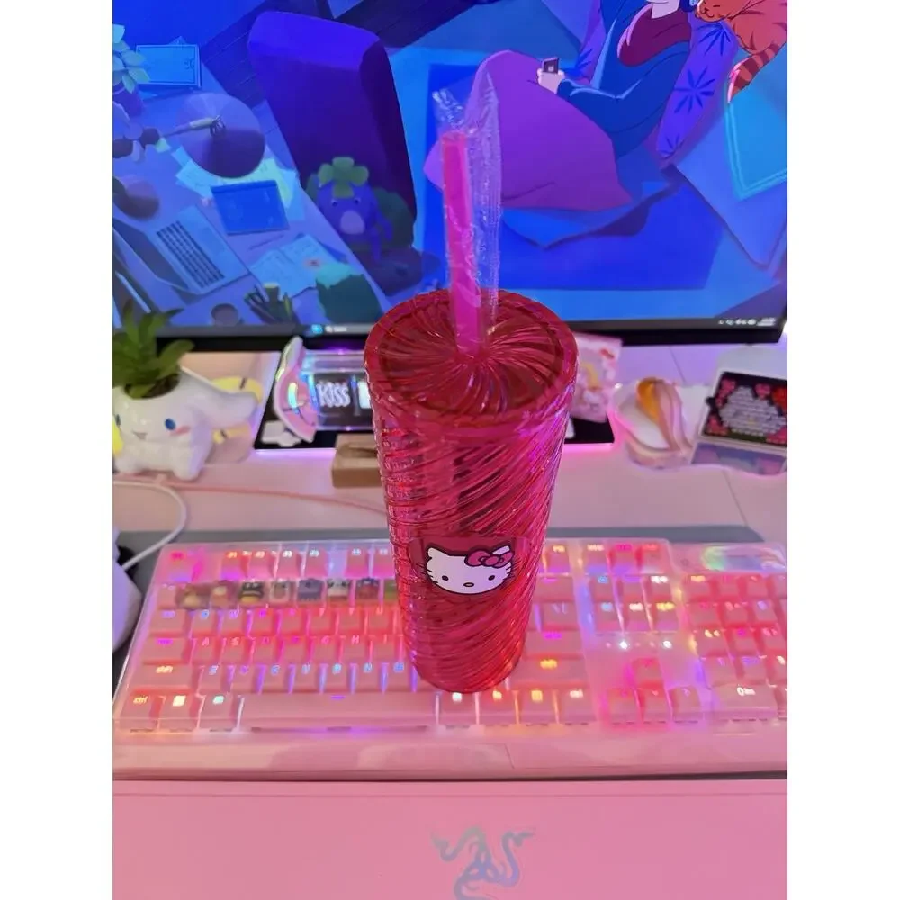 Hello Kitty Swirl Tumbler Lid Straw Shiny Metallic Spiral Plastic Pink Sanrio